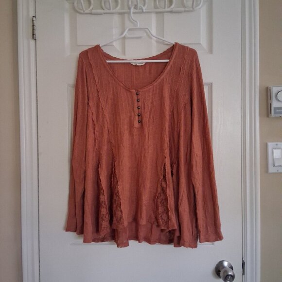 Lucky Brand Women's XL Terracotta Lace Henley Swing Top - Picture 3 of 14